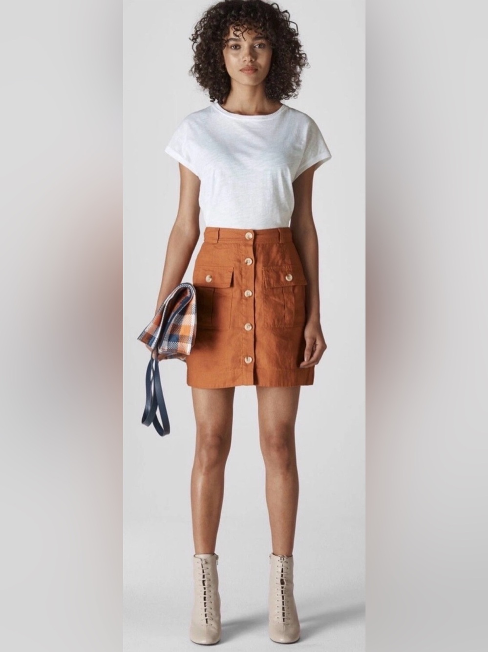 Whistles 100% Linen Mini Cargo Skirt Button Front A-Line Pumpkin Orange Size 8